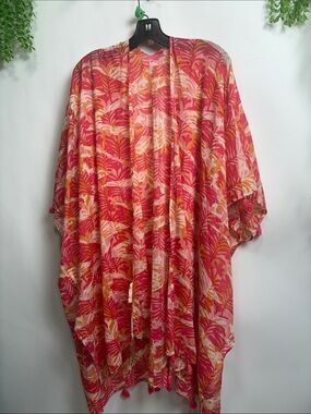 Pink & Coral Leaf Tie-Front Cover-Up with Tassels